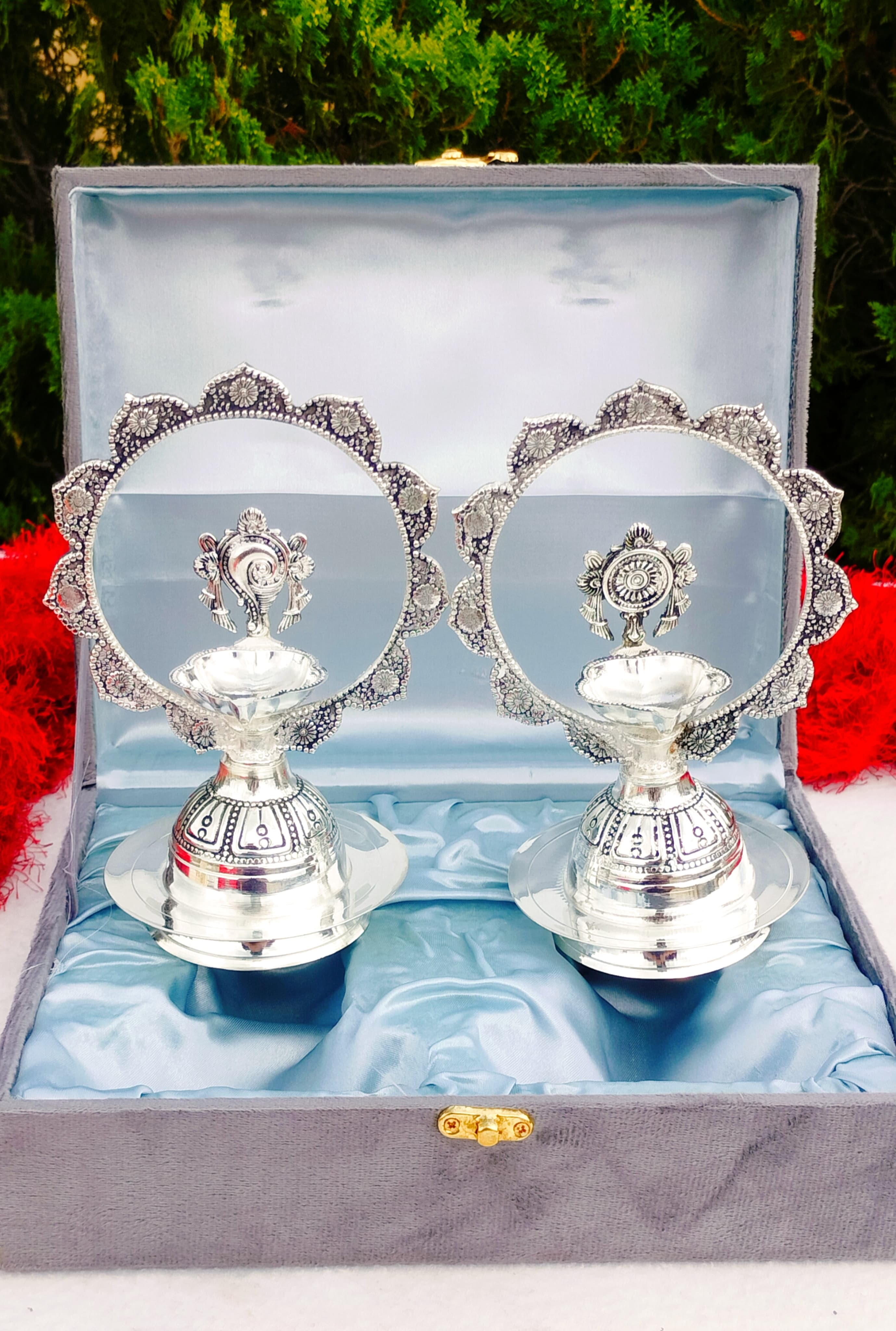 Antique German Silver shanku Chakra Diya Pair for Diwali/ Gift Item / Home Decor